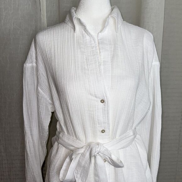 A & F S Oversized White Gauze Lightweight Cotton Button Down Belted Shirt Tunic - Picture 3 of 12